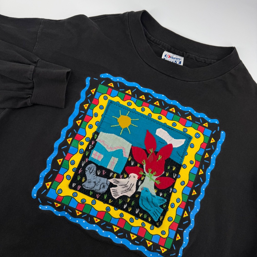 VTG Hanes Beefy-T Shirt Women XL Black Long Sleeve Folk Art Bird Sun USA